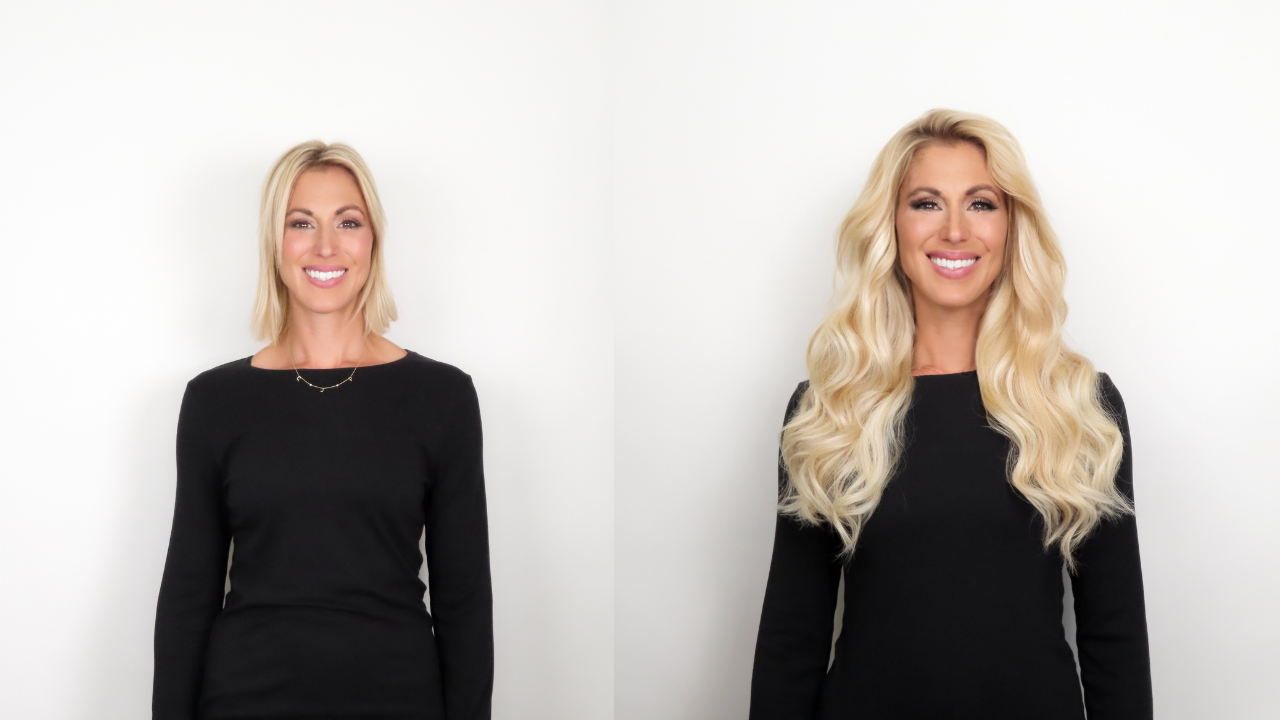 before and after photo of woman with fine short hair wearing Cashmere Hair Classic Clip-in Extensions in the shade Sunset Blonde