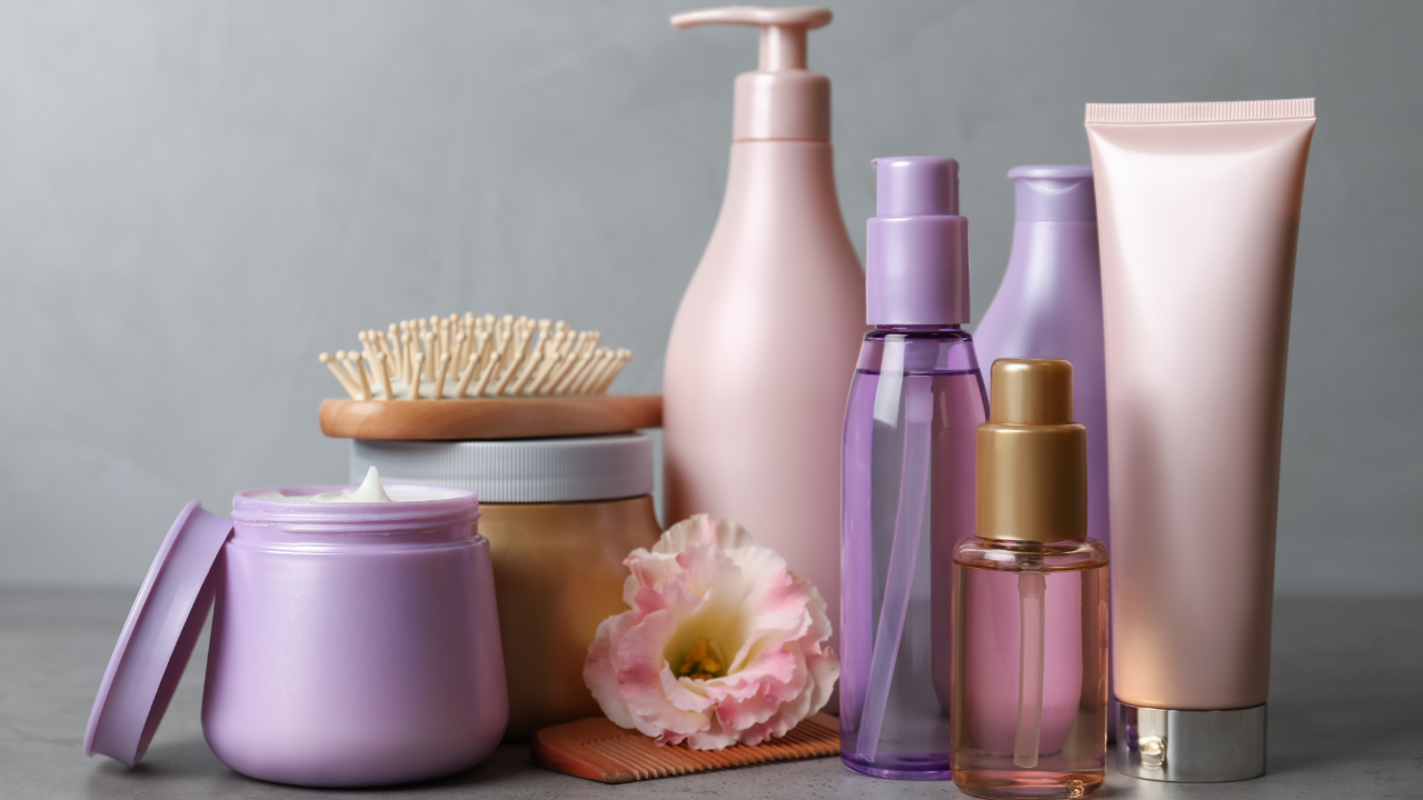 multiple hair and beauty products on countertop