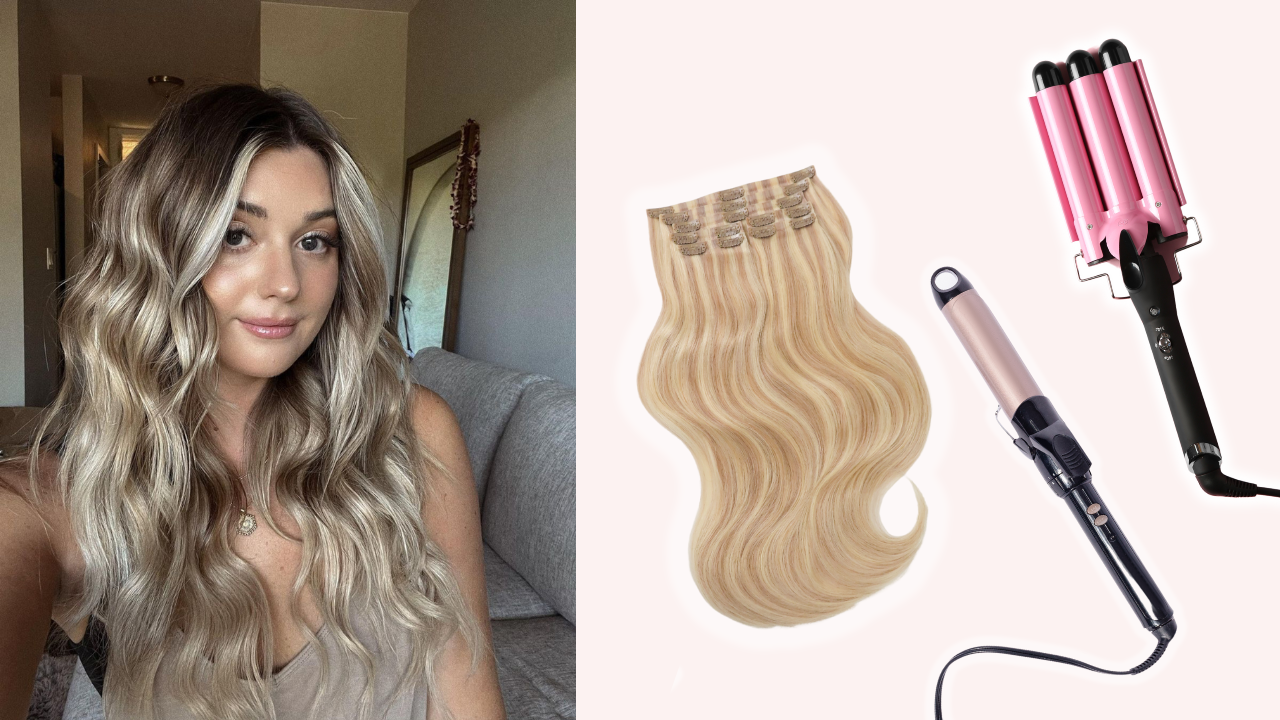 blonde girl with beachy waves and all the supplies needed to recreate the look
