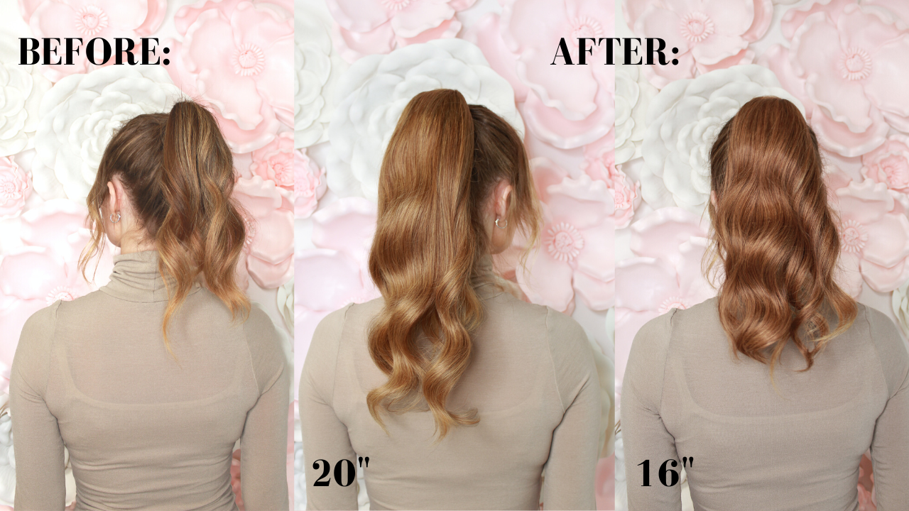 before and after of woman with strawberry blonde hair using cashmere hair ponytail extension in 16 and 20 inches