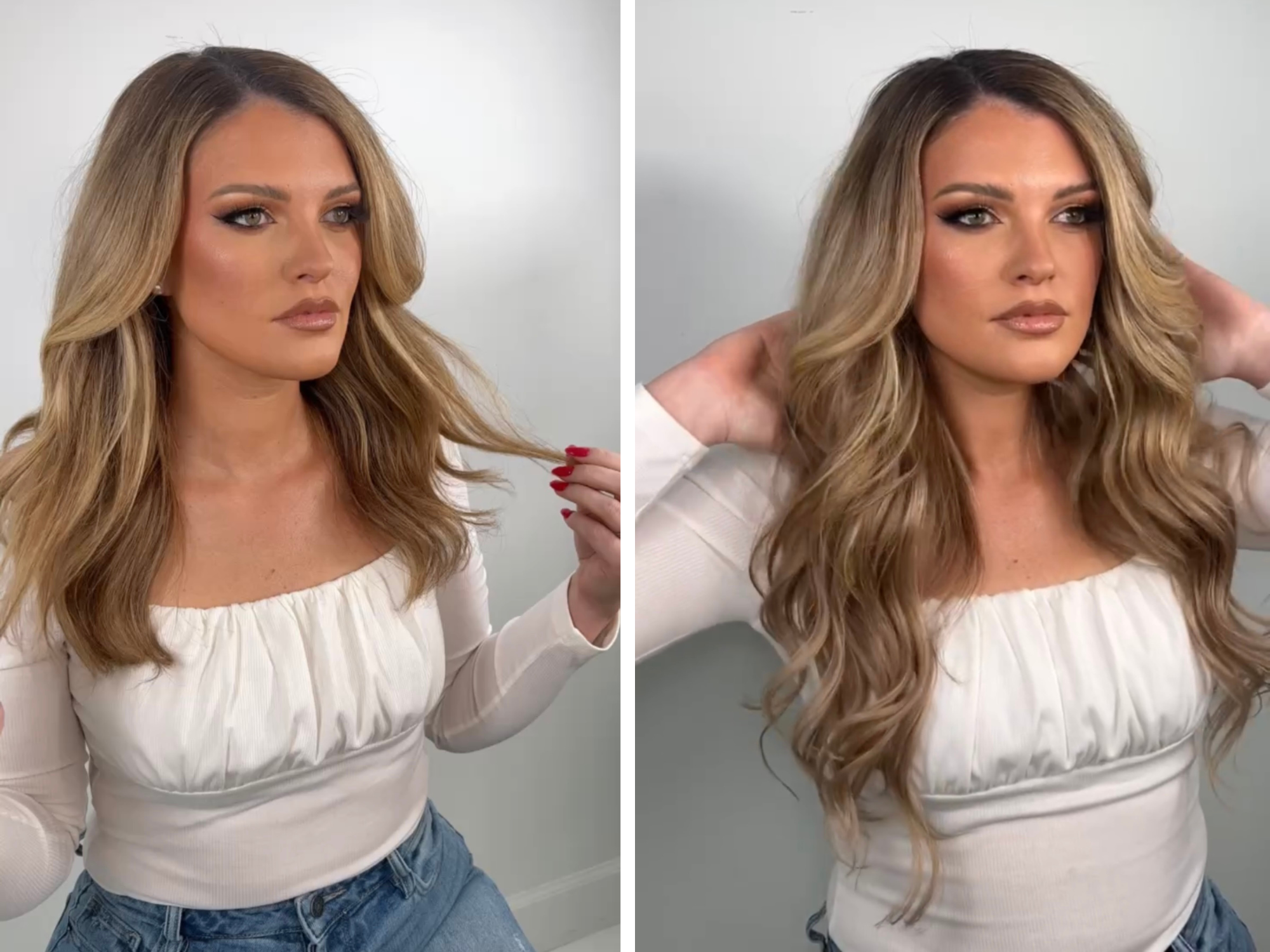 cashmere hair seamless clip-ins before and after (Rodeo Drive Blonde)