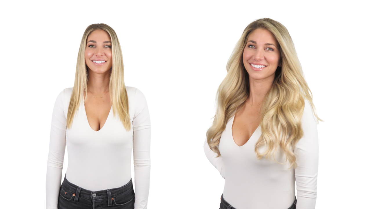 before and after volumizer one piece in sunset blonde