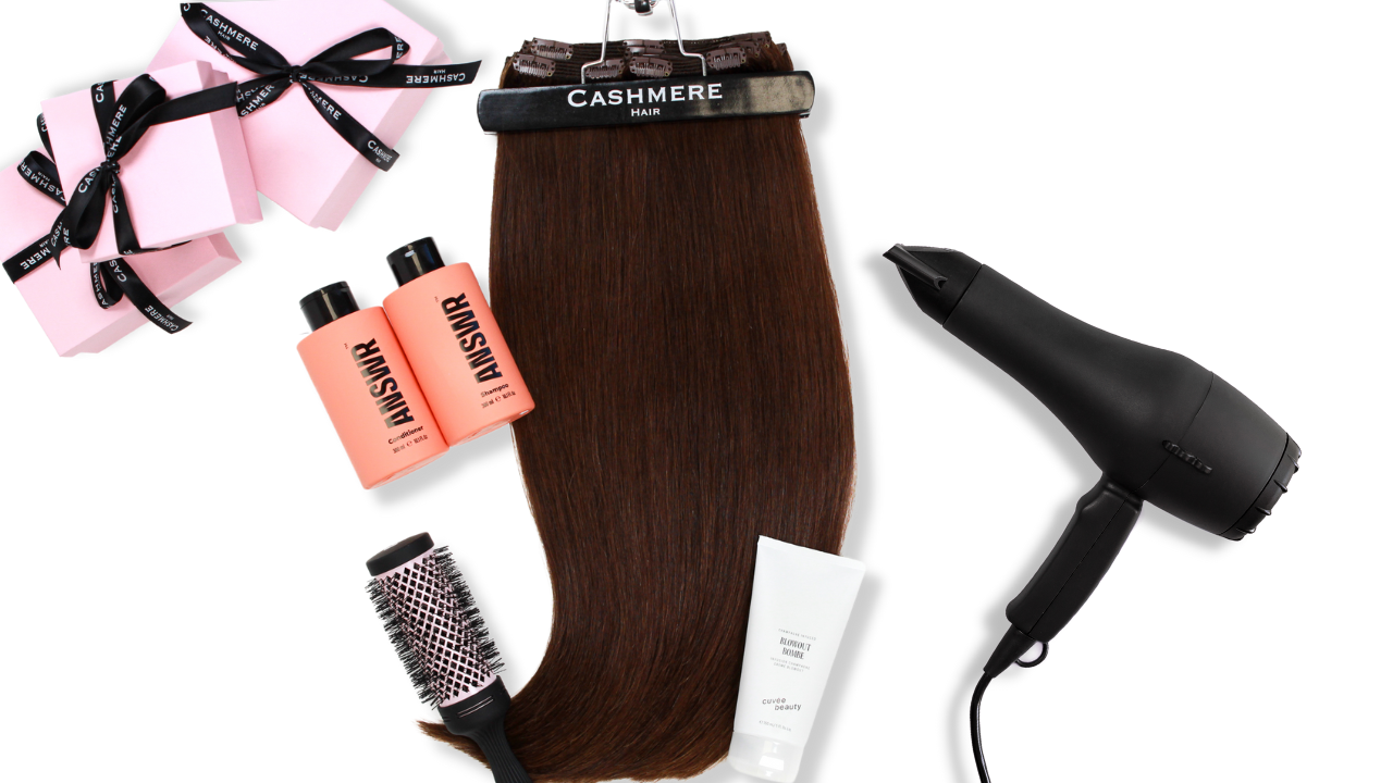 Cashmere hair classic extensions with blow dryer, round brush, shampoo and conditioner and blowout cream