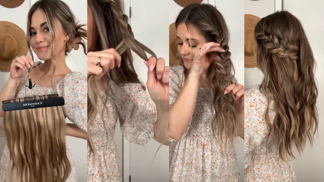 blonde girl creating hairstyle step by step