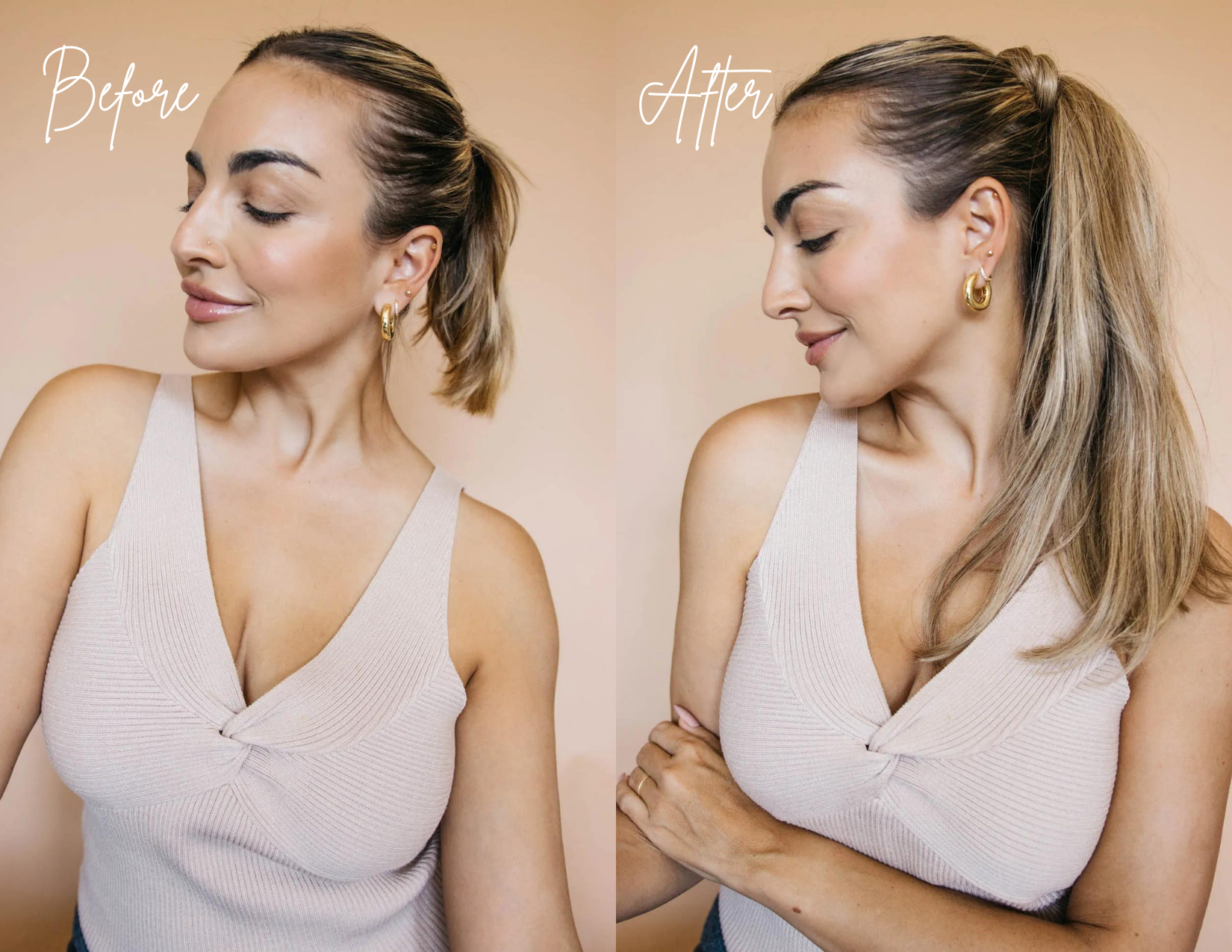 Before and After Cashmere Hair Human Hair Ponytail Clip In Extension