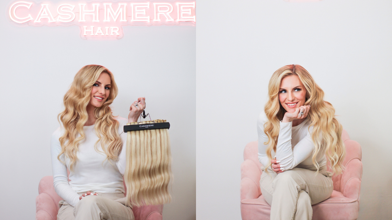 woman holding up cashmere hair seamless extensions and posing confidently with her new hair