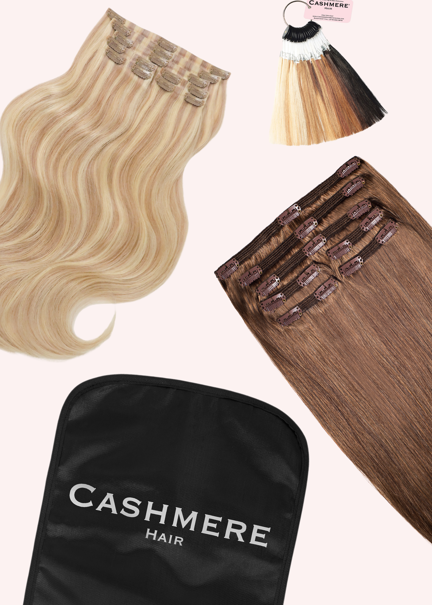 cashmere hair seamless, classic clip-ins, a color ring and travel bag