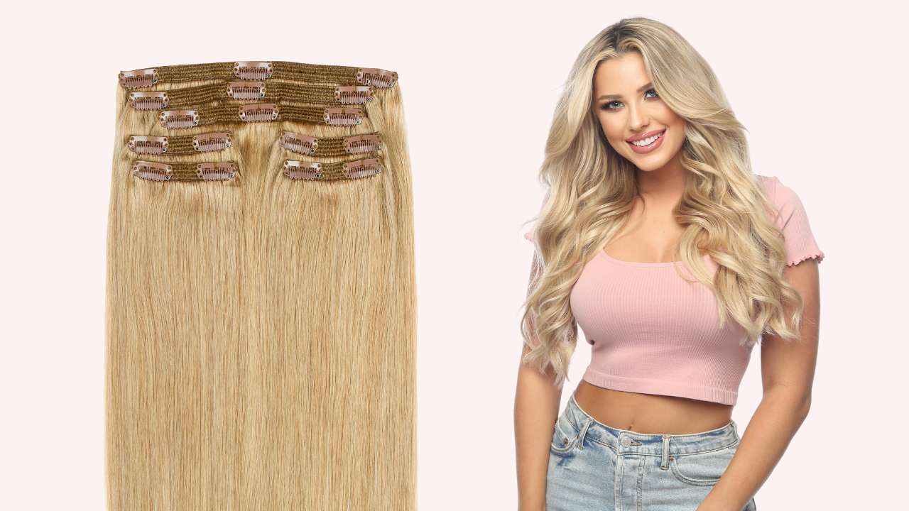 women wearing classic clip ins from cashmere hair and close up of clips on classic clip in extensions