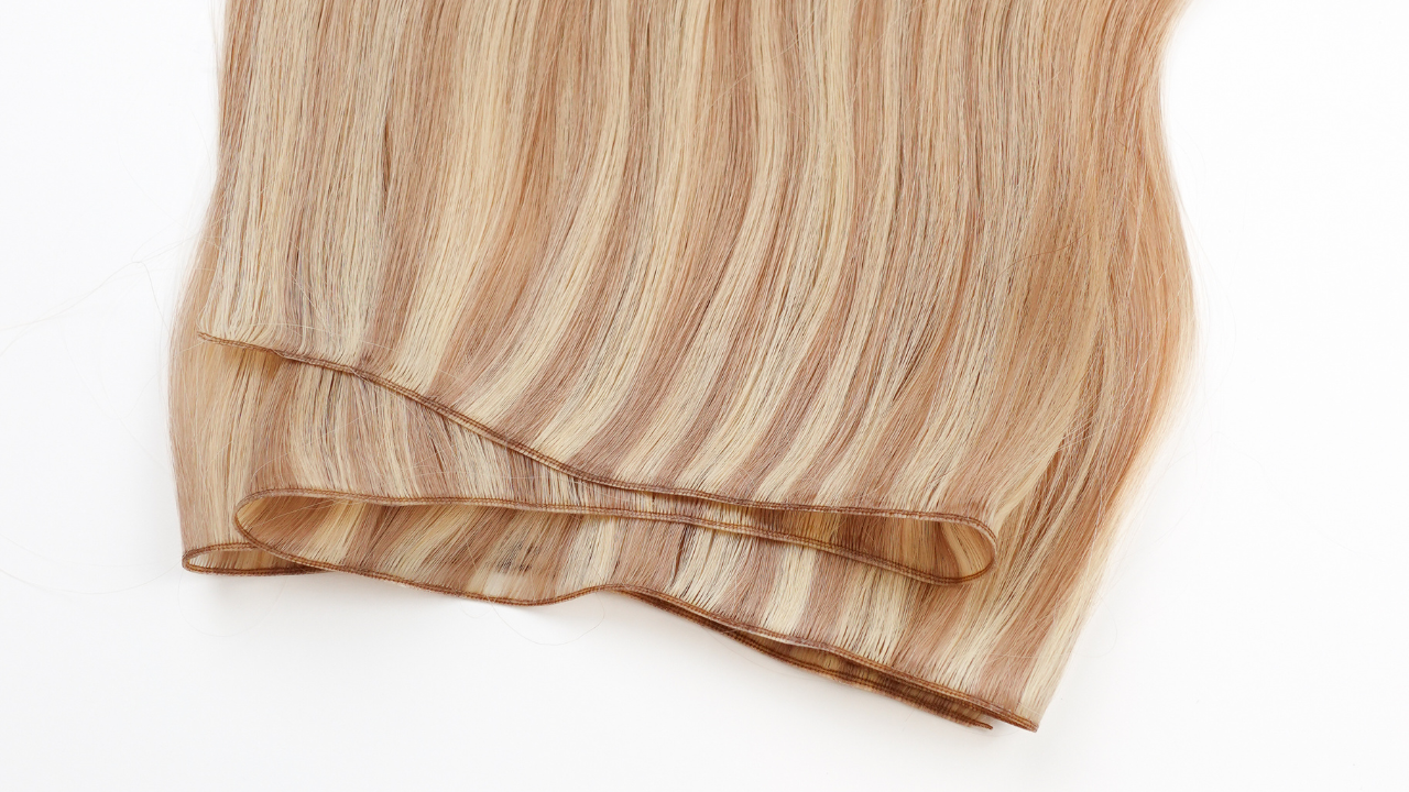 close up of cashmere hair genius weft hand-tied-extensions