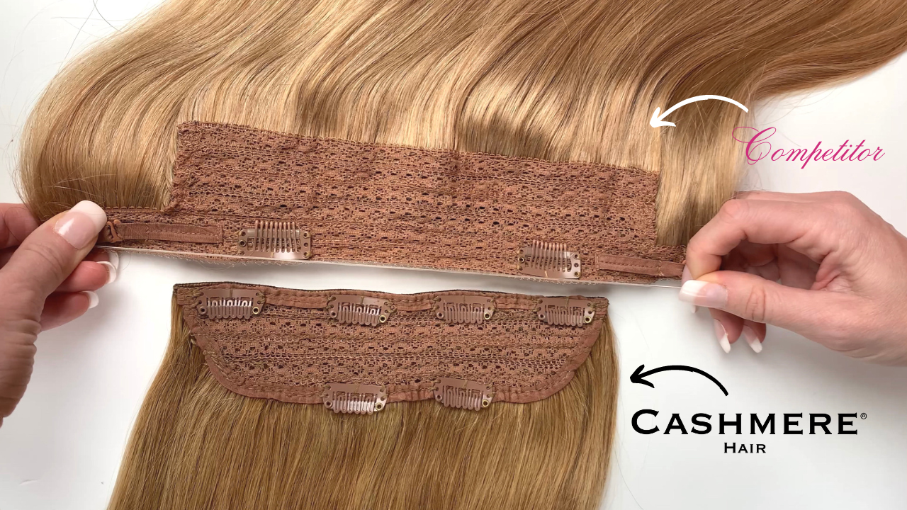 cashmere hair one piece extension side by side comparison between a competitors halo extension