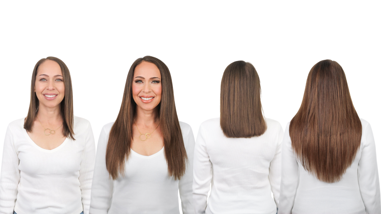 woman before and after with short hair to long hair wearing cashmere hair extensions