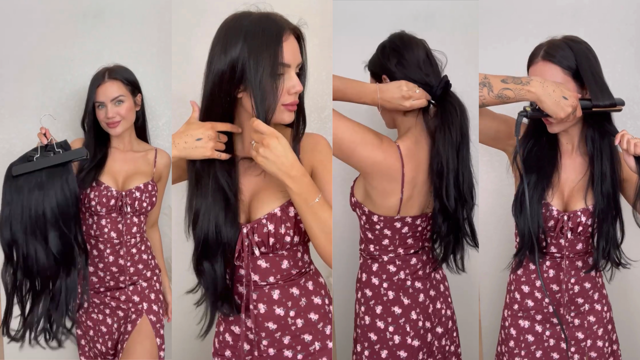 brunette girl creating hairstyle step by step