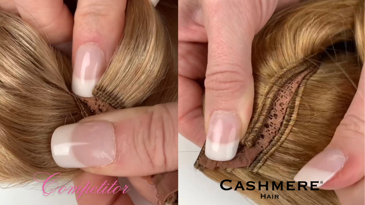 close up comparison between competitor halo extension and cashmere hair one piece stitching