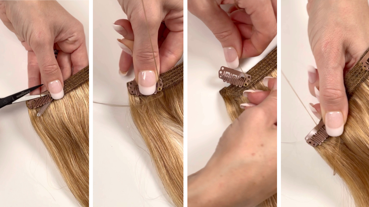 step by step of how to remove the broken clip and begin sewing the new clip on extensions
