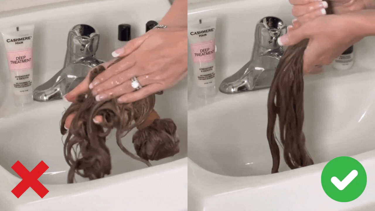 video showcasing how not to wash your extensions and how to properly wash them