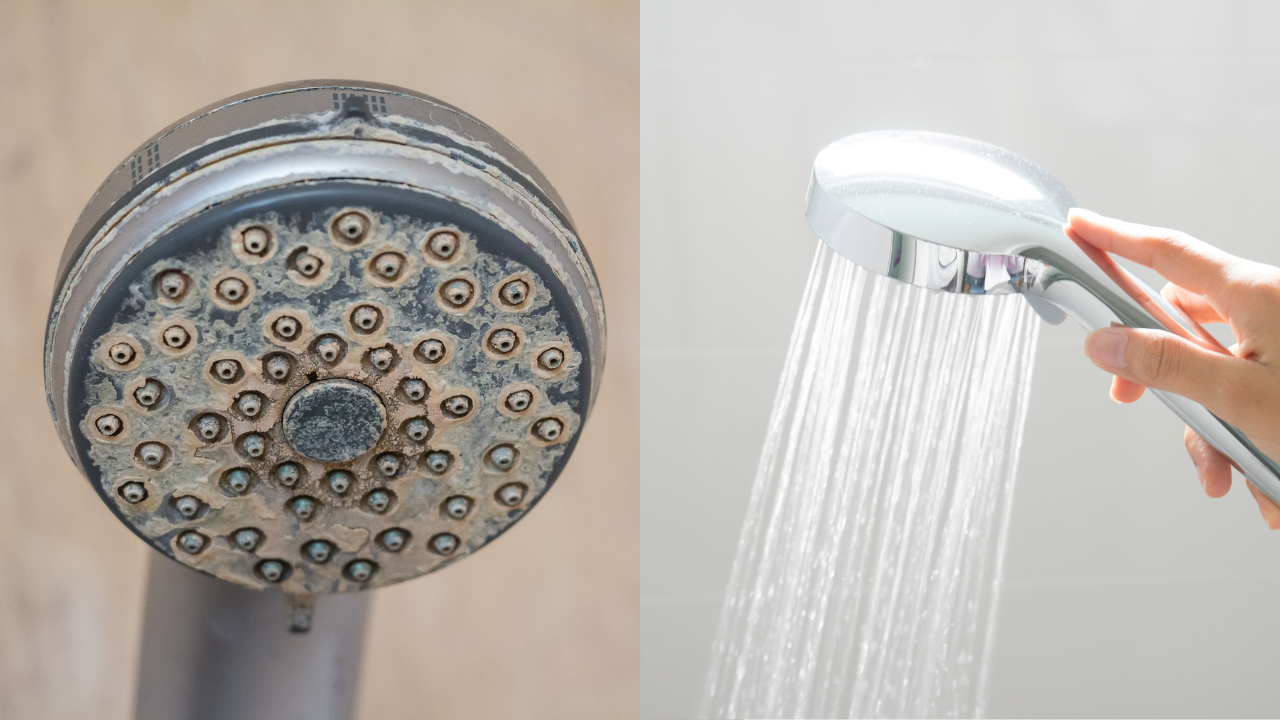 hard water shower head with buildup and a shower head with water softener filter