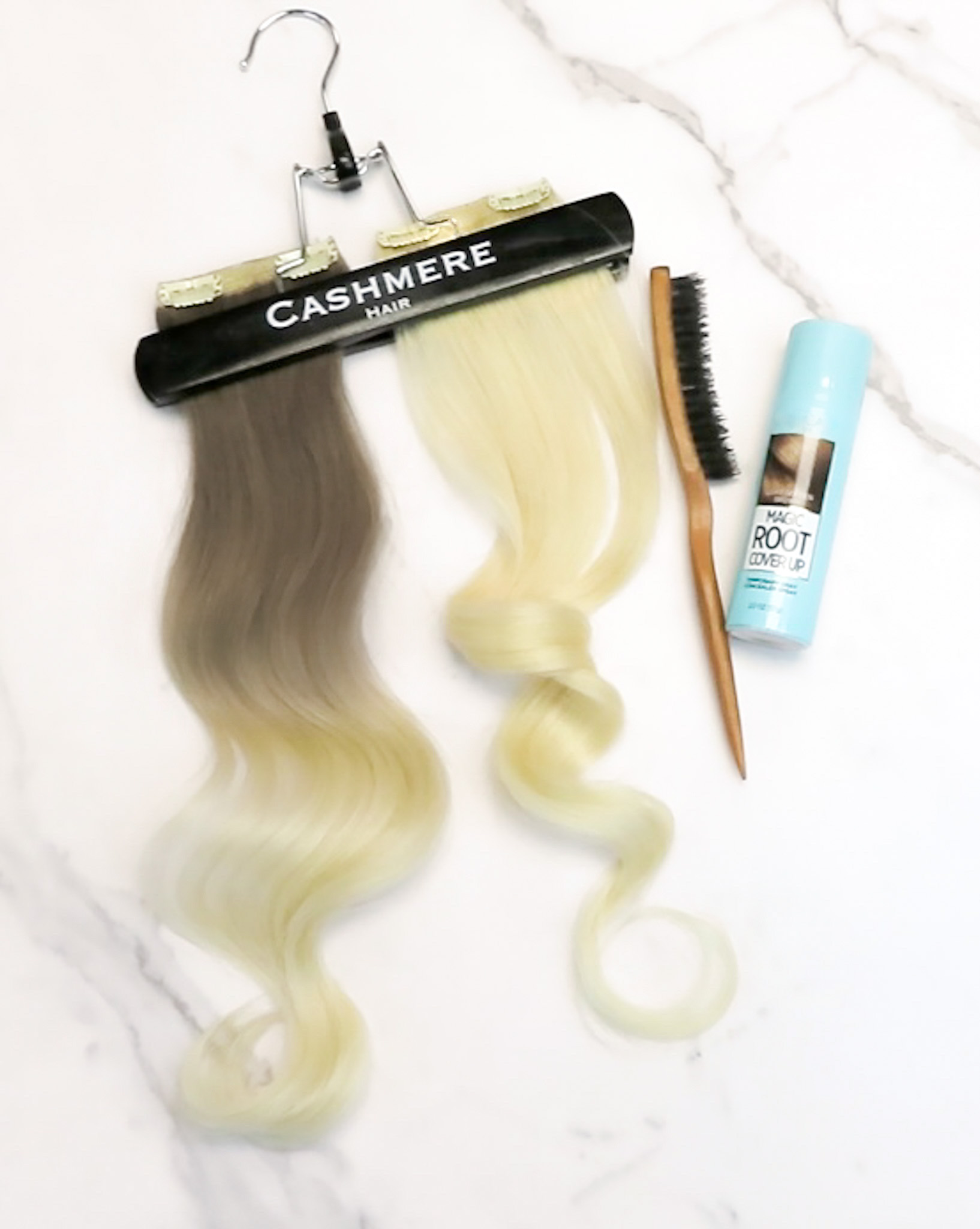 Cashmere Hair extensions side by side with root touch up spray and brush
