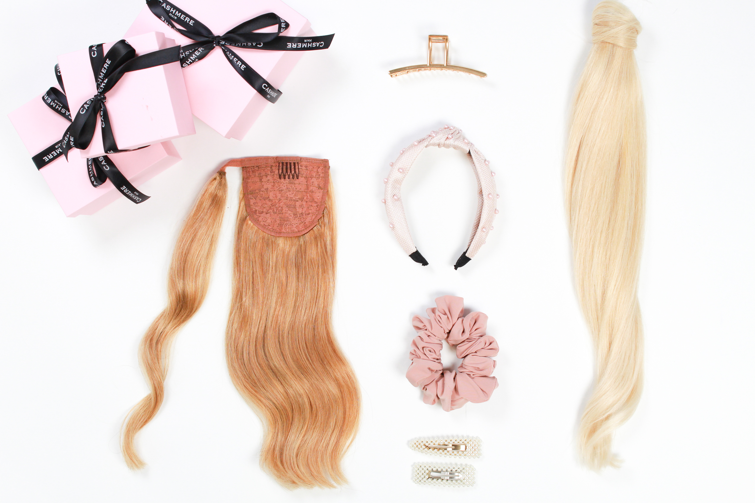 cashmere hair ponytail extensions with claw clip, scrunchie, hair clip and headband