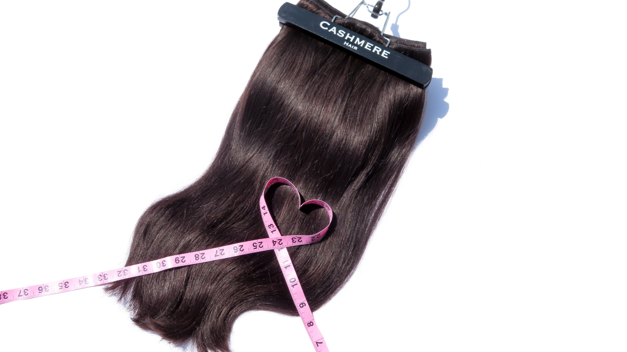 classic cashmere hair extensions with measuring tape in shape of heart