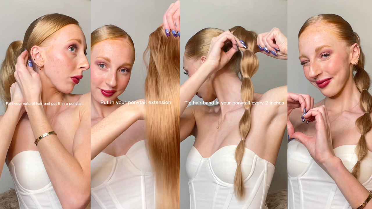 strawberry blonde girl creating hairstyle step by step