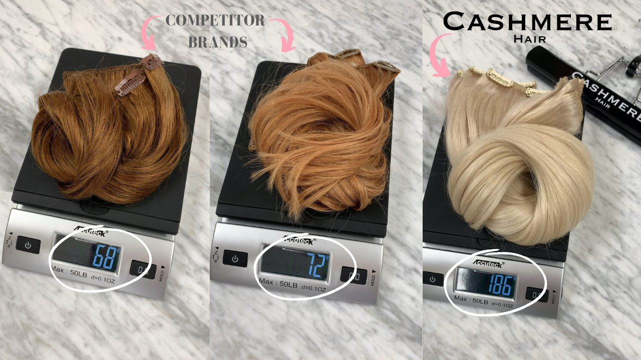 weighing the difference in grams of competitor brands extensions compared to cashmere hair