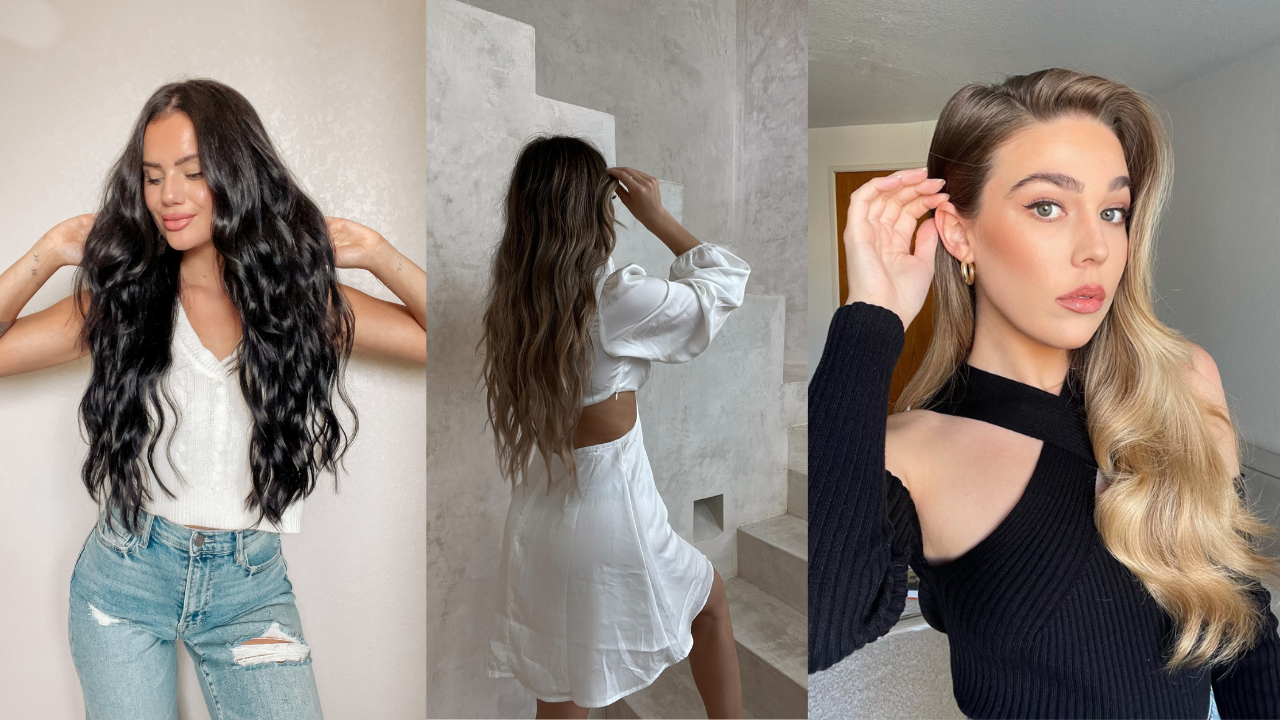 three women showing off their natural looking hairstyles with cashmere hair extensions clipped in