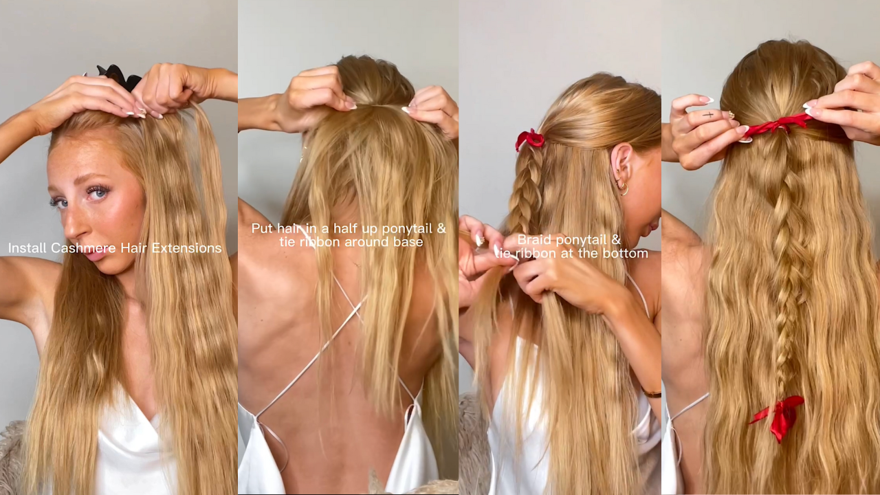 strawberry blonde girl creating hairstyle step by step