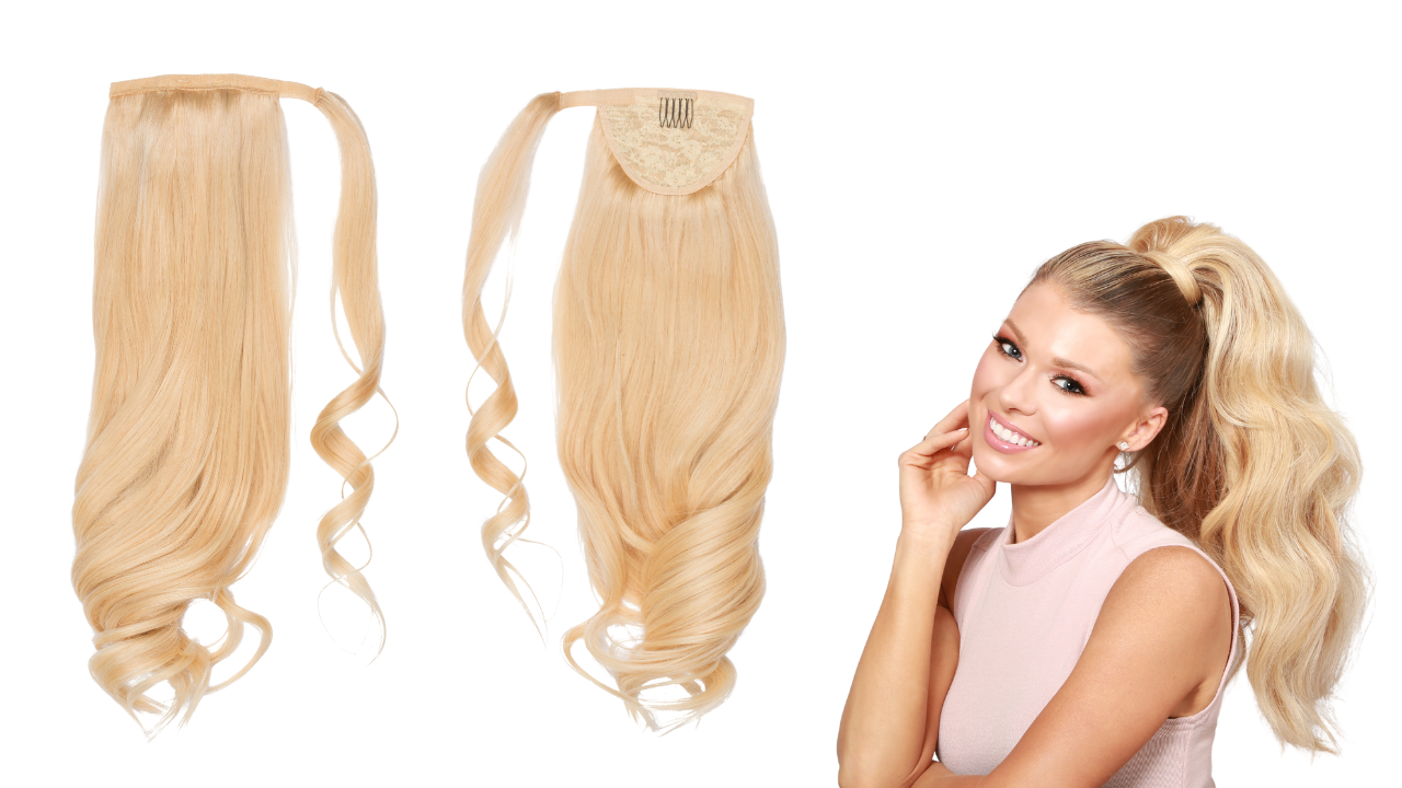 front and back image of ponytail clip in hair extension with woman wearing the extensions clipped in