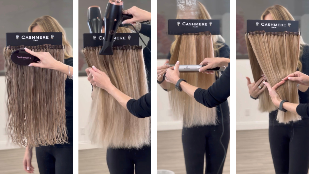 brushing, blowdrying. straightening and smoothing cashmere hair extensions after washing