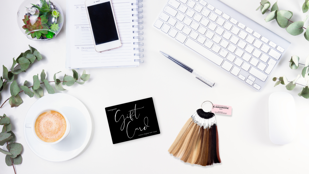 office desk flatlay with cashmere hair gift card and full swatch color ring