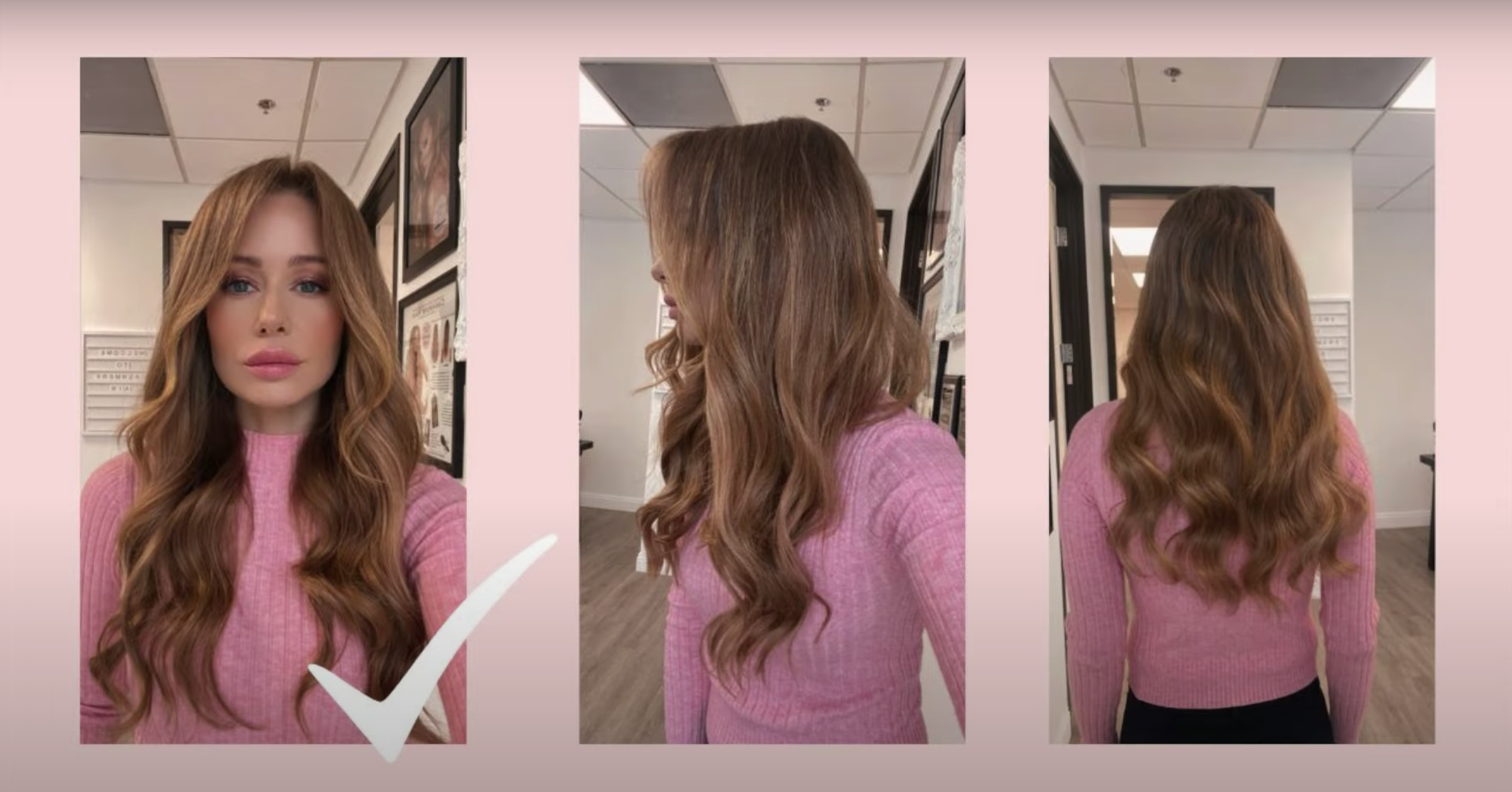 3 angles of woman showing hair color
