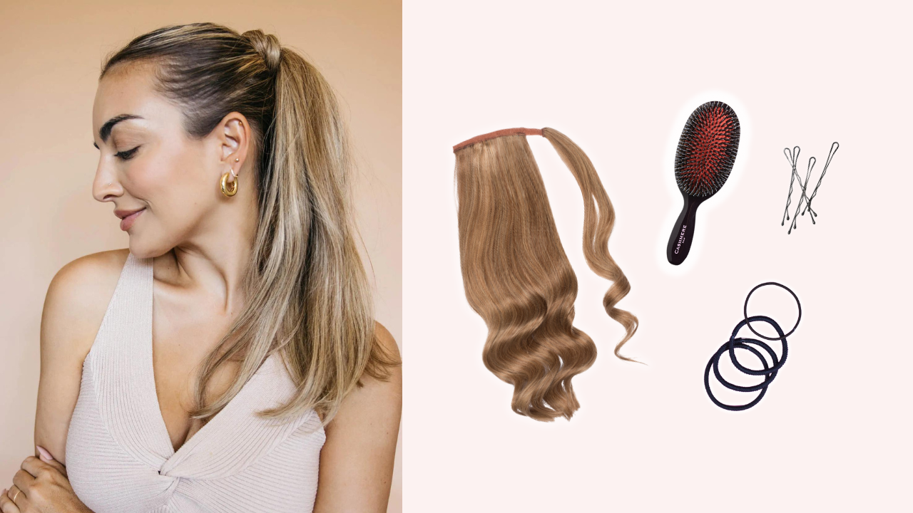 woman with sleek ponytail wearing human hair ponytail extension and all the supplies needed to recreate the look