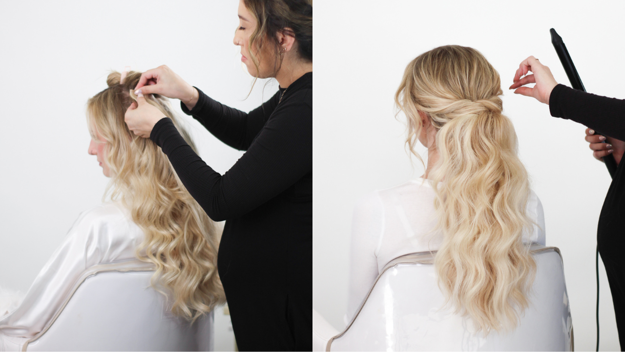 hairstylists creating two bridal looks with cashmere hair clip-in extensions