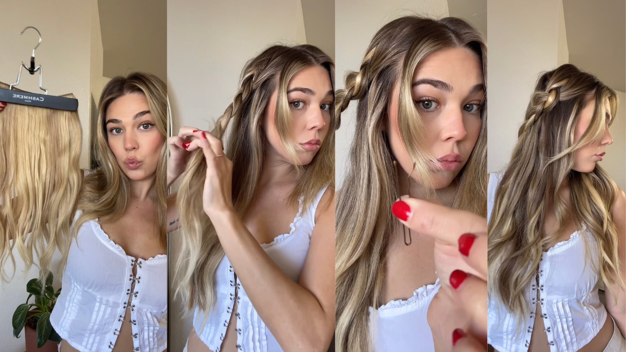 blonde girl creating hairstyle step by step