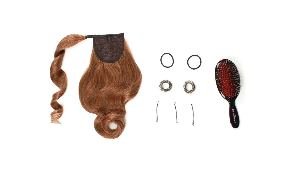 cashmere hair human hair ponytail with hair ties, bobby pins and a brush