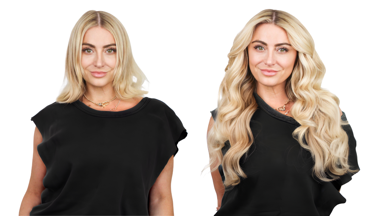 woman before and after with short hair to long hair with cashmere hair extensions